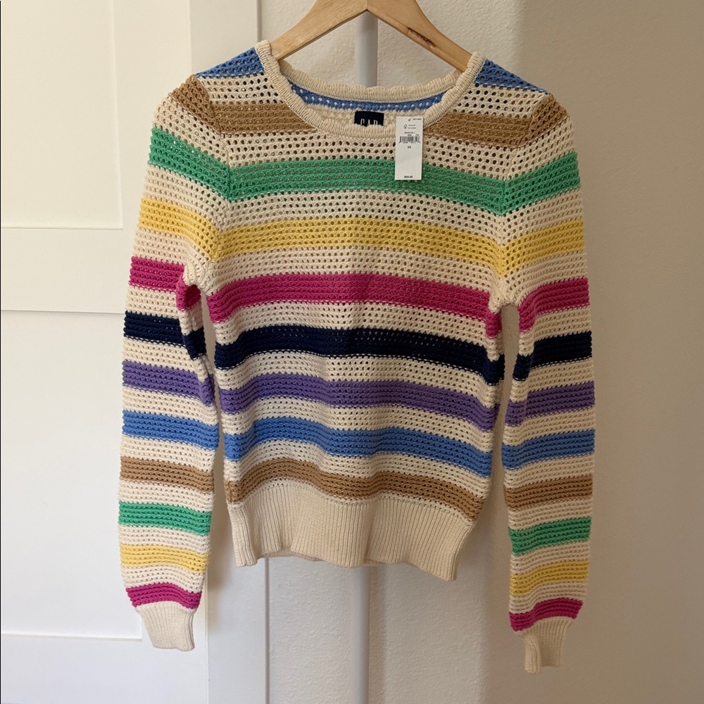 GAP Cream Multicolor Striped Crochet Crewneck Sweater